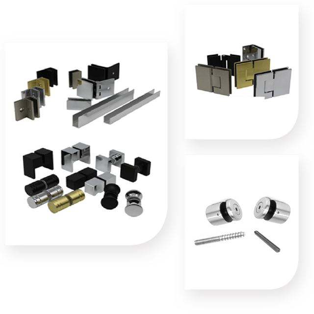 Frameless Shower Screen Hardware Collection Featuring Hinges, Knobs, Rails, Fittings, and Brackets